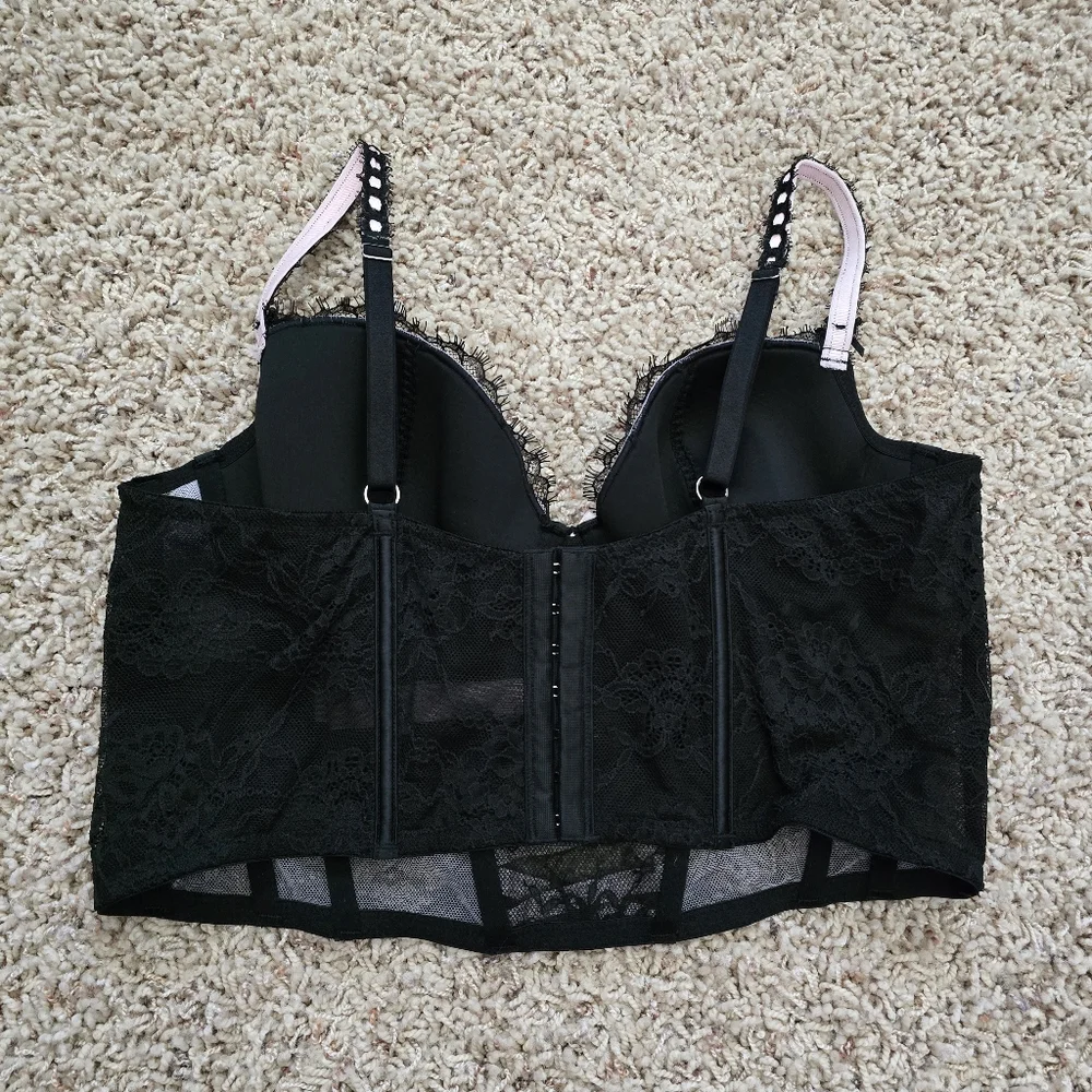 Victoria's Secret Dream Angels Black Lace Longline Bra Bustier Black Pink - XL - Picture 5 of 6